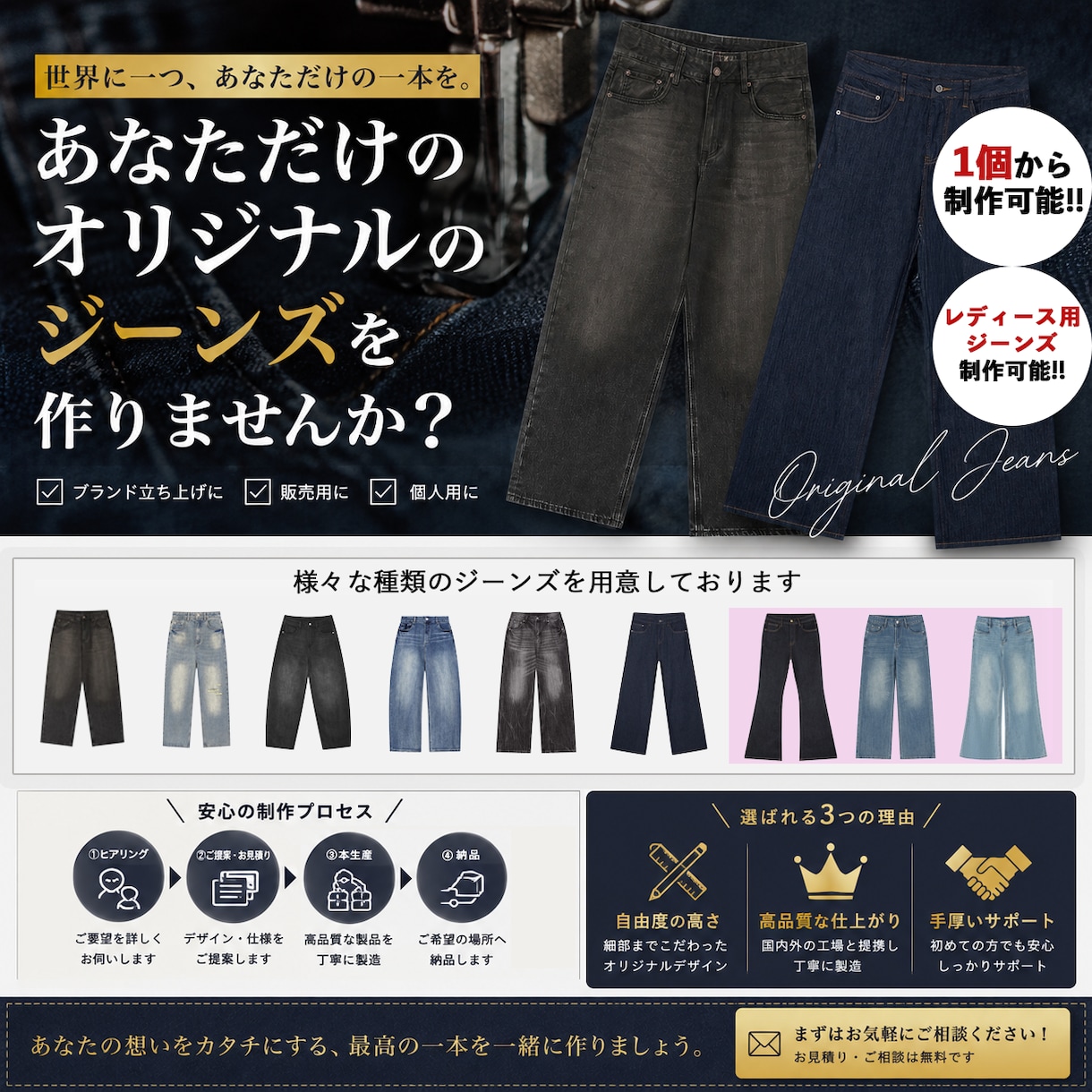 オリジナルジーンズを1着から製作します 個人用から販売用まで、オリジナルジーンズの製作をします イメージ1