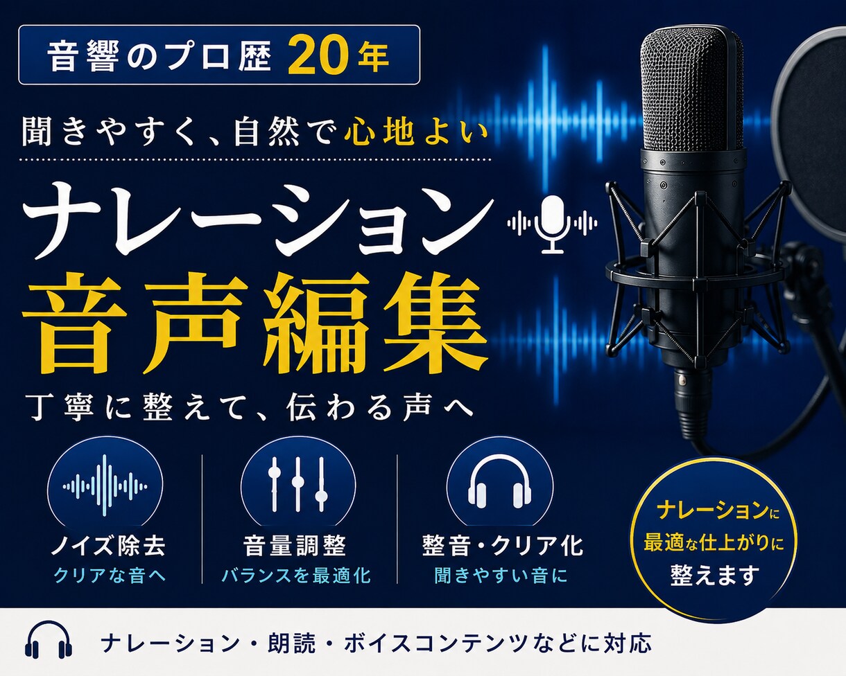 ナレーションをプロ品質の音声に仕上げます 音のプロ歴20年。自然で聞き取りやすい音質へ丁寧に整えます。 イメージ1
