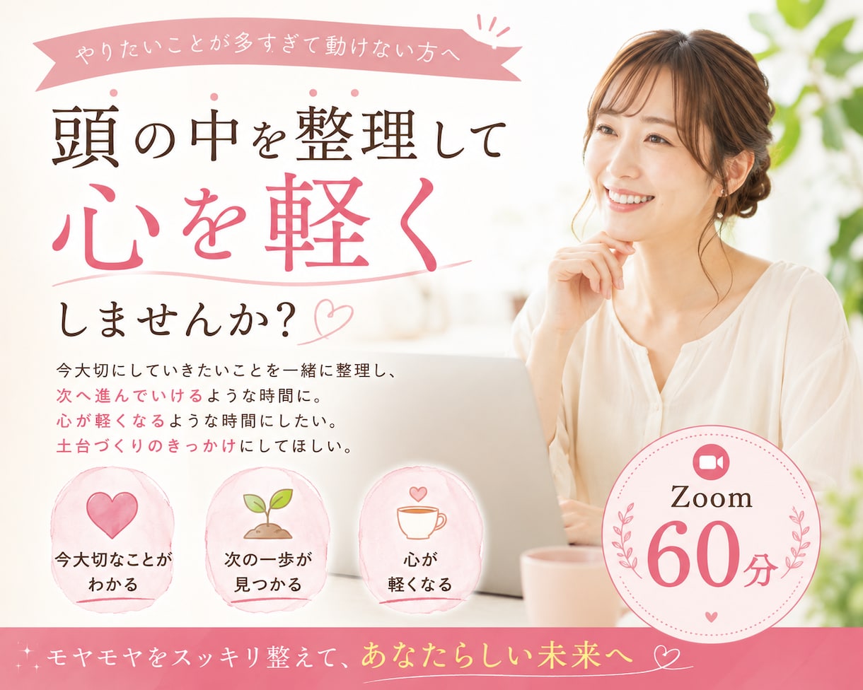 モヤモヤを整理して、心が軽くなる時間をお届けします 心の本音をコトバにしていくことで自分を見つめる時間 イメージ1