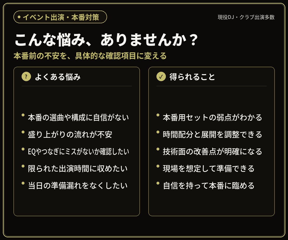イベント出演前のDJセットをプロが最終調整します 選曲・構成・EQ・つなぎを分析し、本番の不安を減らす イメージ2