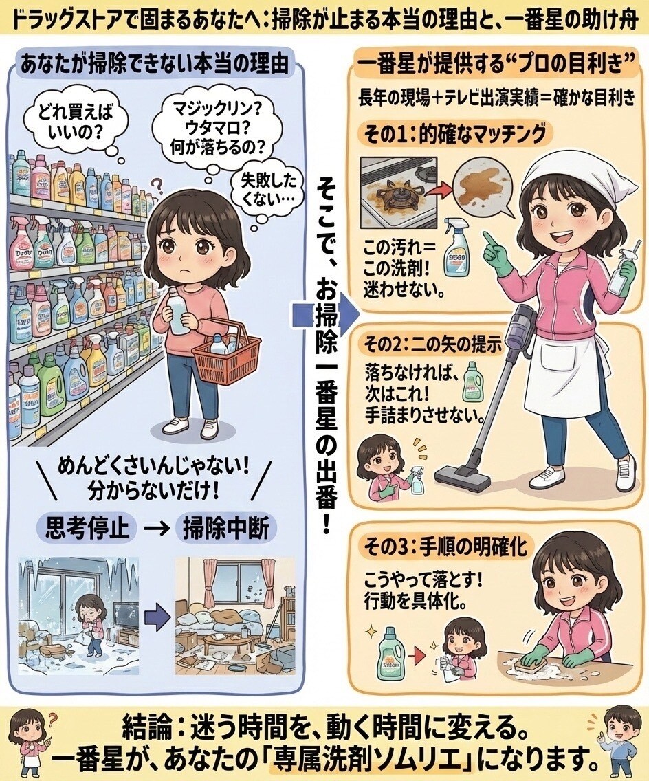 レジ前で電話ください！掃除アイテム買い物同行します ドラッグストア迷子専用｜清掃歴16年のプロがその場で選びます イメージ3