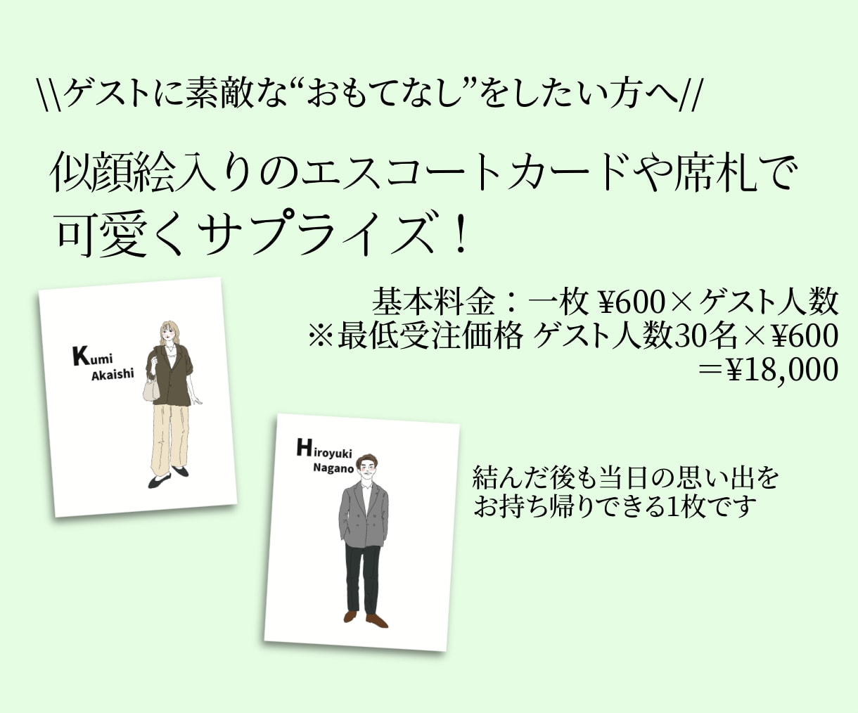 ゲストの似顔絵入りエスコートカードおつくりします ゲストにプチサプライズ！特別なアイテムで素敵なウェディングを イメージ2