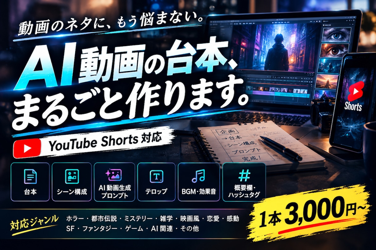 AI動画Shortsの台本＋プロンプトを作ります AI動画に使える台本を、企画からシーン構成までまとめて作成！ イメージ1