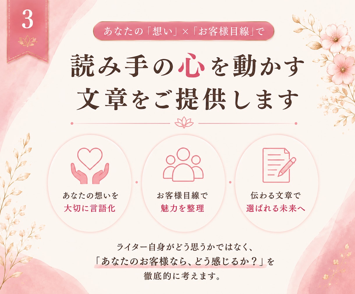 想いを置き去りにしないホームページ文章作成します あなたの想い×お客様目線で、納得できる言葉に。LPなど可能 イメージ3