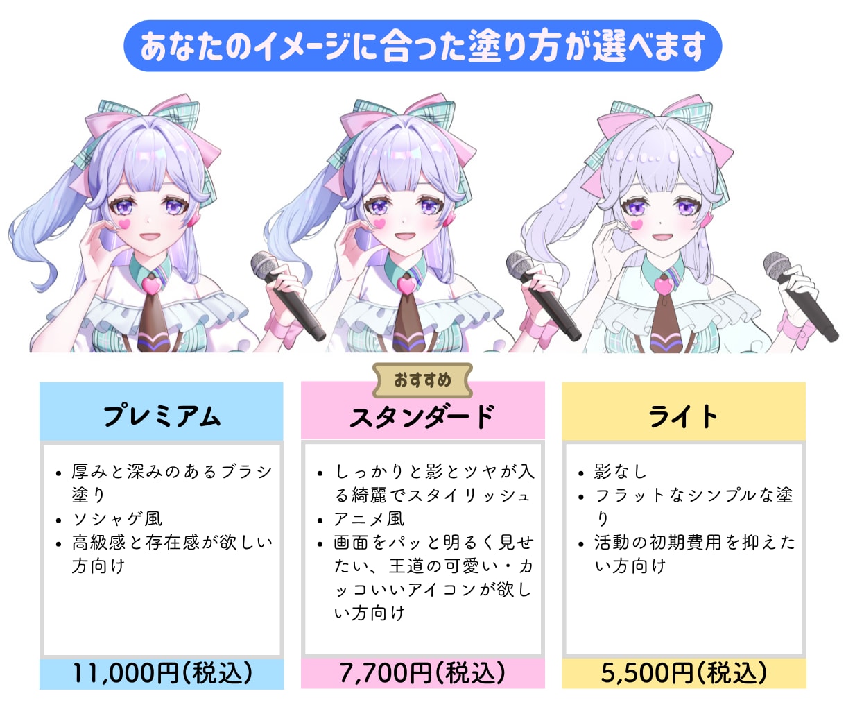 商用利用込★SNS配信用アイコンを制作します 選べる3プラン！活動や予算に合わせて楽しく選べます。 イメージ3