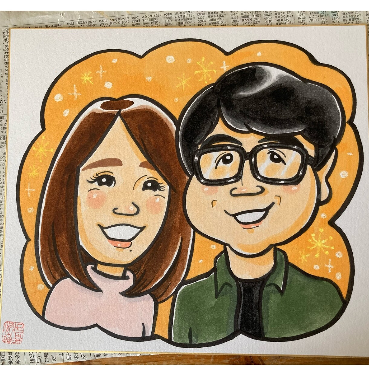 手描きで家族やカップルの似顔絵を描きます 手描きの似顔絵！色紙に水彩絵の具で描きます。 イメージ3