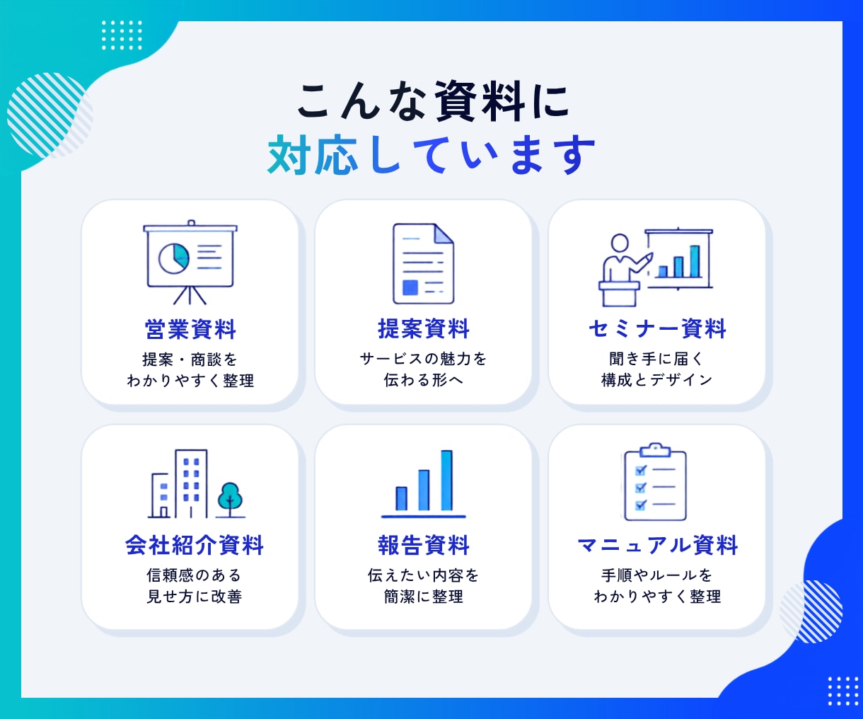 原稿丸投げOK｜資料をブラッシュアップします 内容や目的に合わせて、読み手に伝わりやすい資料へ整えます。 イメージ4