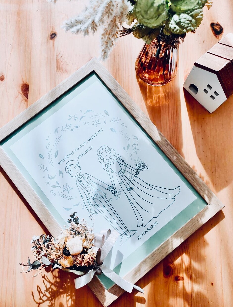 シンプルでお洒落なウェルカムボード作成します ナチュラルシンプルな似顔絵！お揃いの結婚証明書も！ イメージ3