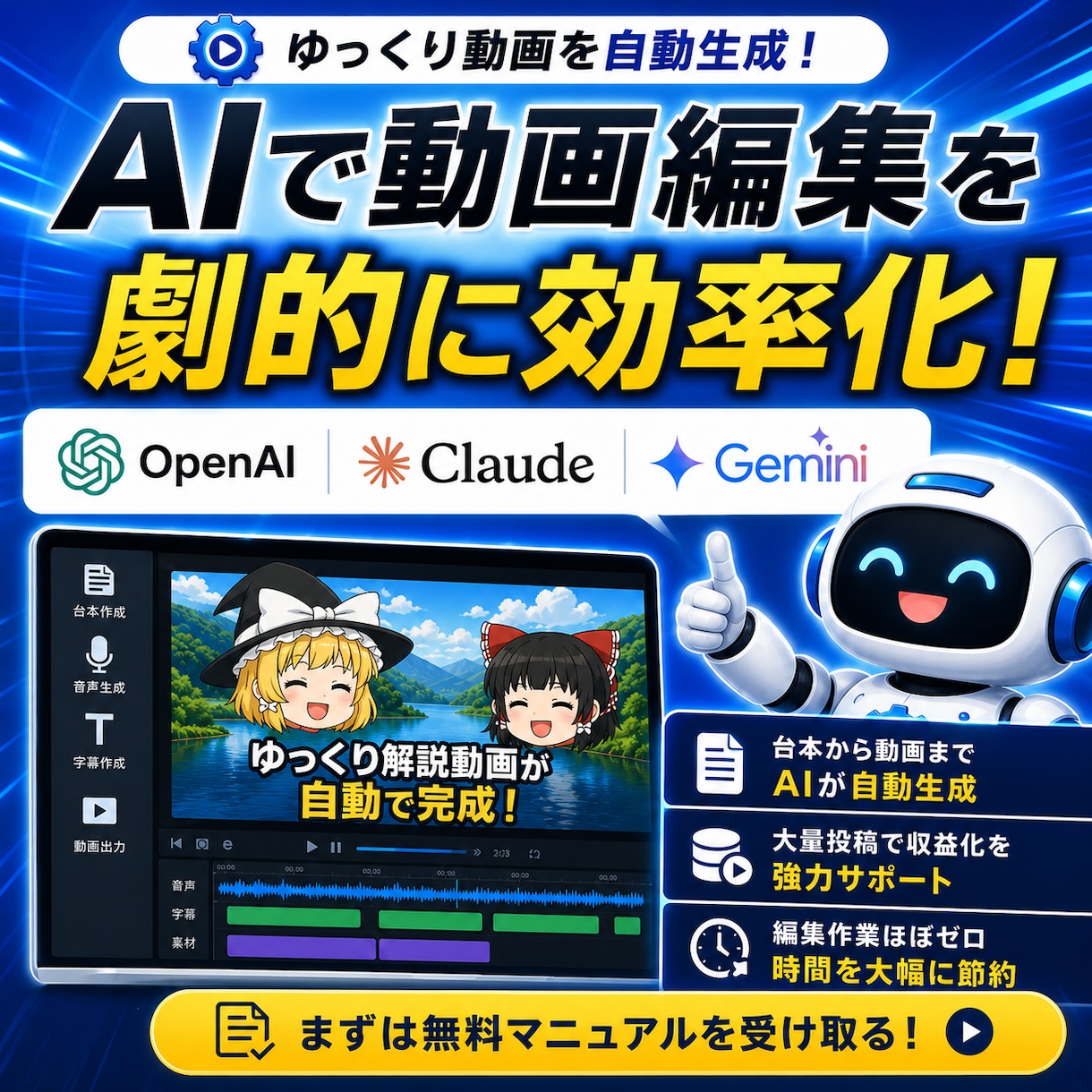 YMM4/ゆっくり動画の自動編集ツールを提供します 初心者でも数分で動画制作。台本/動画編集/投稿作業を自動化！ イメージ1