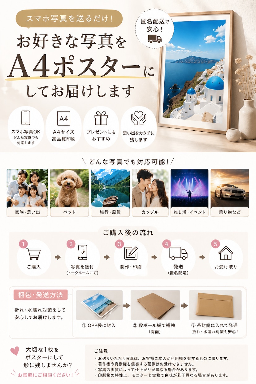写真をA4ポスターにして匿名配送でお届けします スマホの中の大切な1枚を、飾れるポスターに イメージ1
