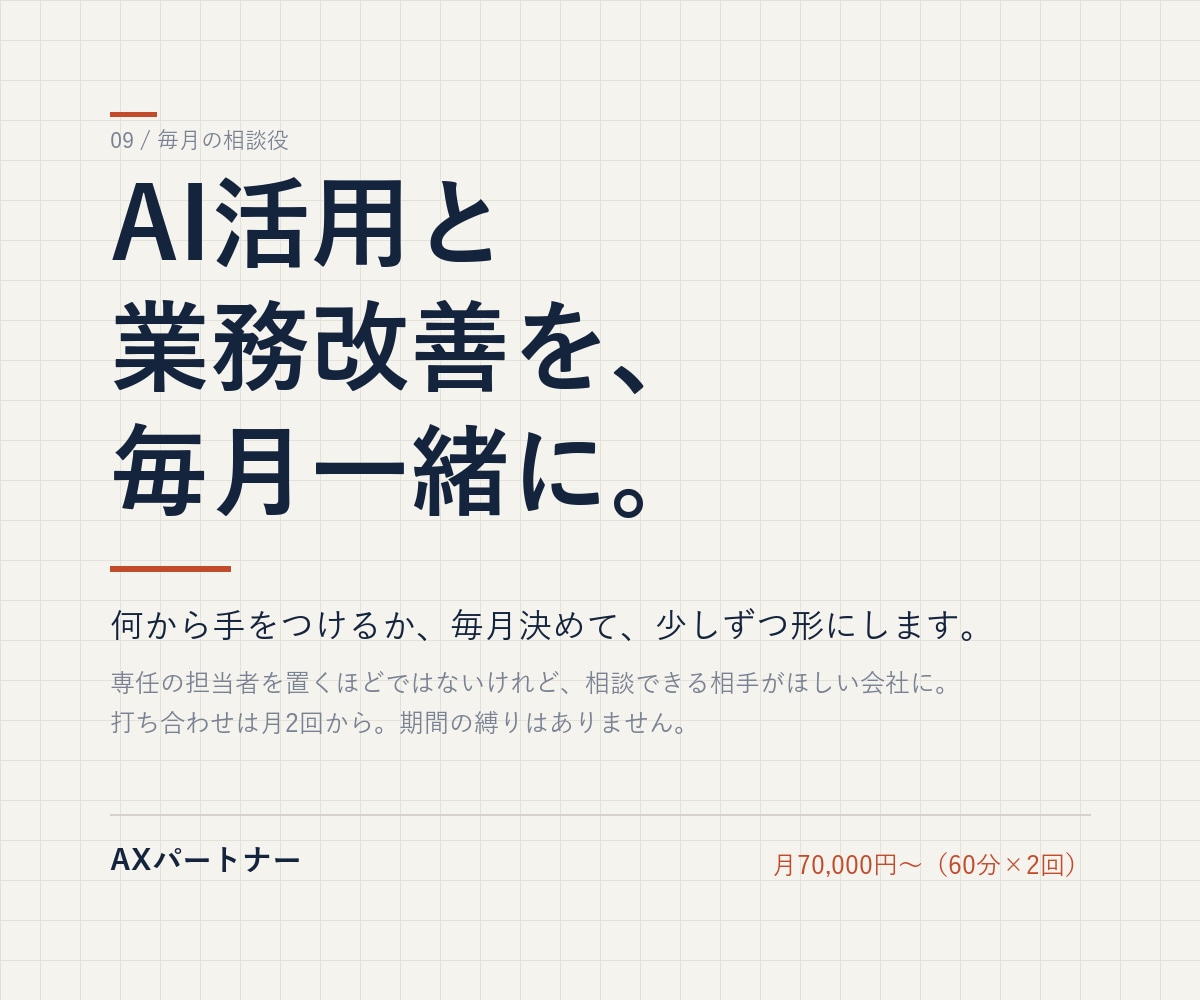 毎月の相談役として、AI活用と業務改善を進めます 何から手をつけるか、毎月一緒に決めて形にします イメージ1