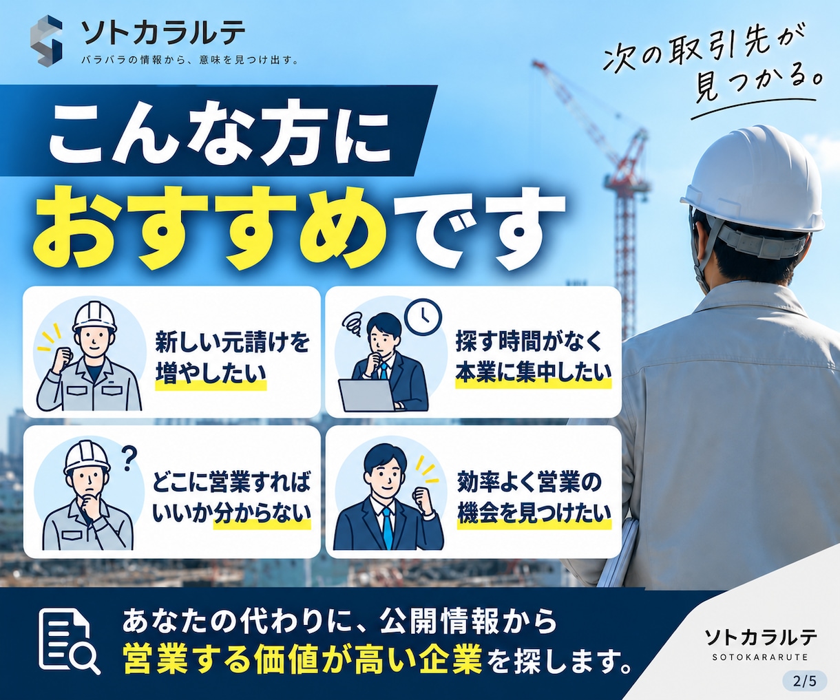 建設・設備業の新規元請け候補を厳選します 公開募集を横断し、営業理由つきで候補を整理します イメージ2