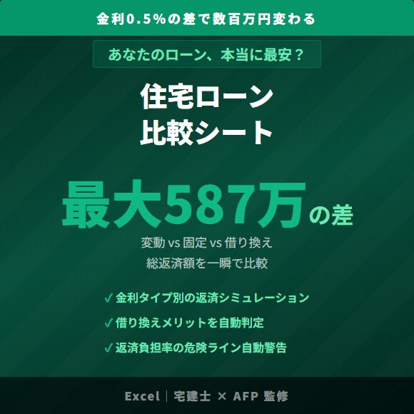 587万の差がわかるローン比較シートを提供します 金利・総返済額・月々の返済額を一括で比較できます イメージ1