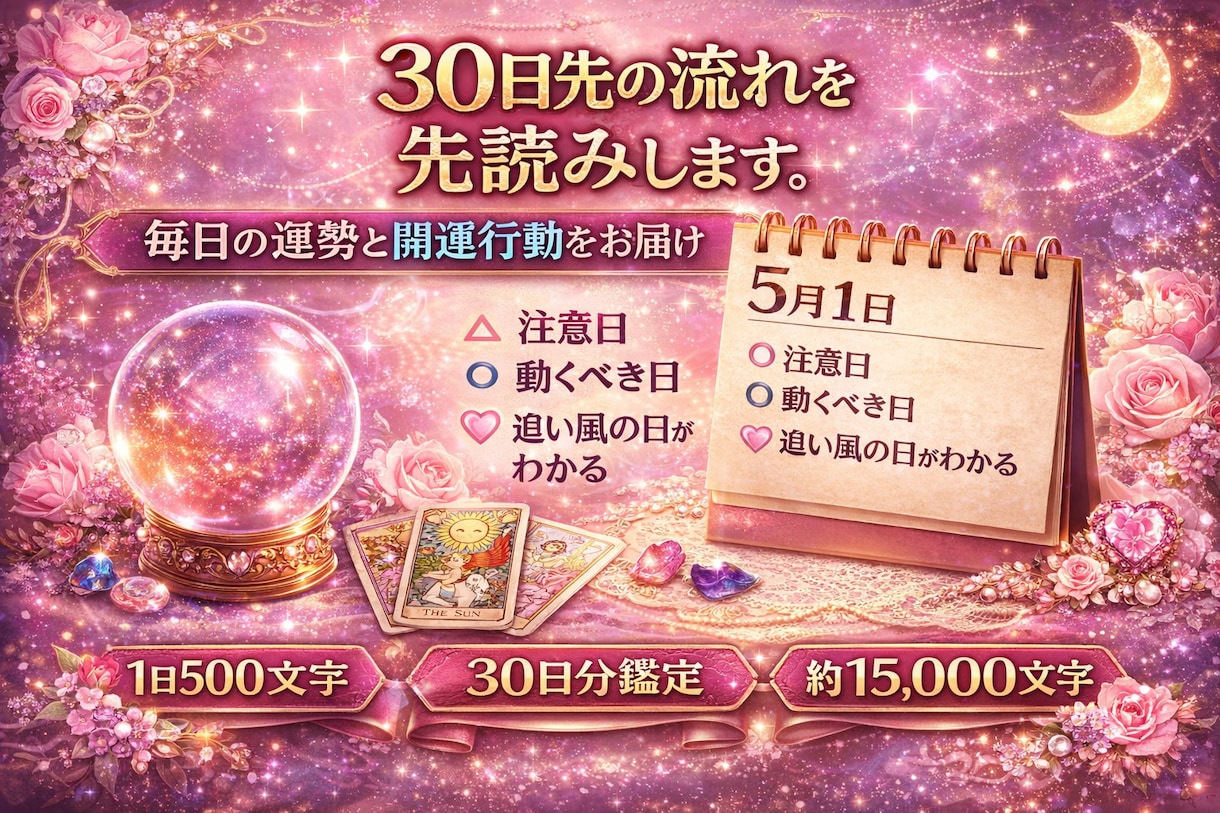 30日先を先読みし毎日の運勢と開運行動を届ます 1日ごとの追い風・注意日・動くべき瞬間までの運勢カレンダー イメージ1