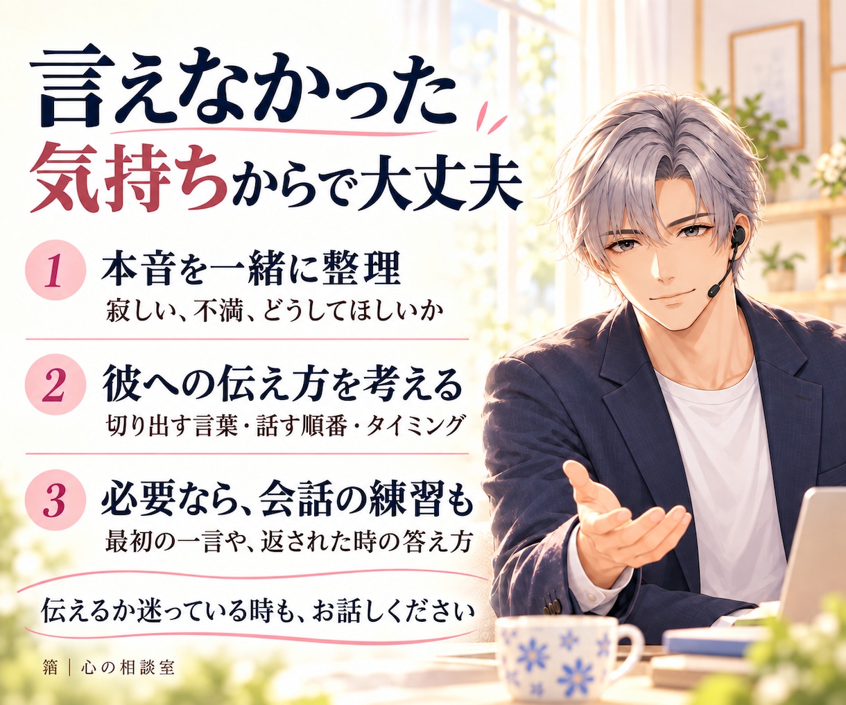 寂しいと言えないあなたの本音を一緒に言葉にします 嫌われたくない。でも我慢もつらい｜気持ちと伝え方を整理 イメージ2