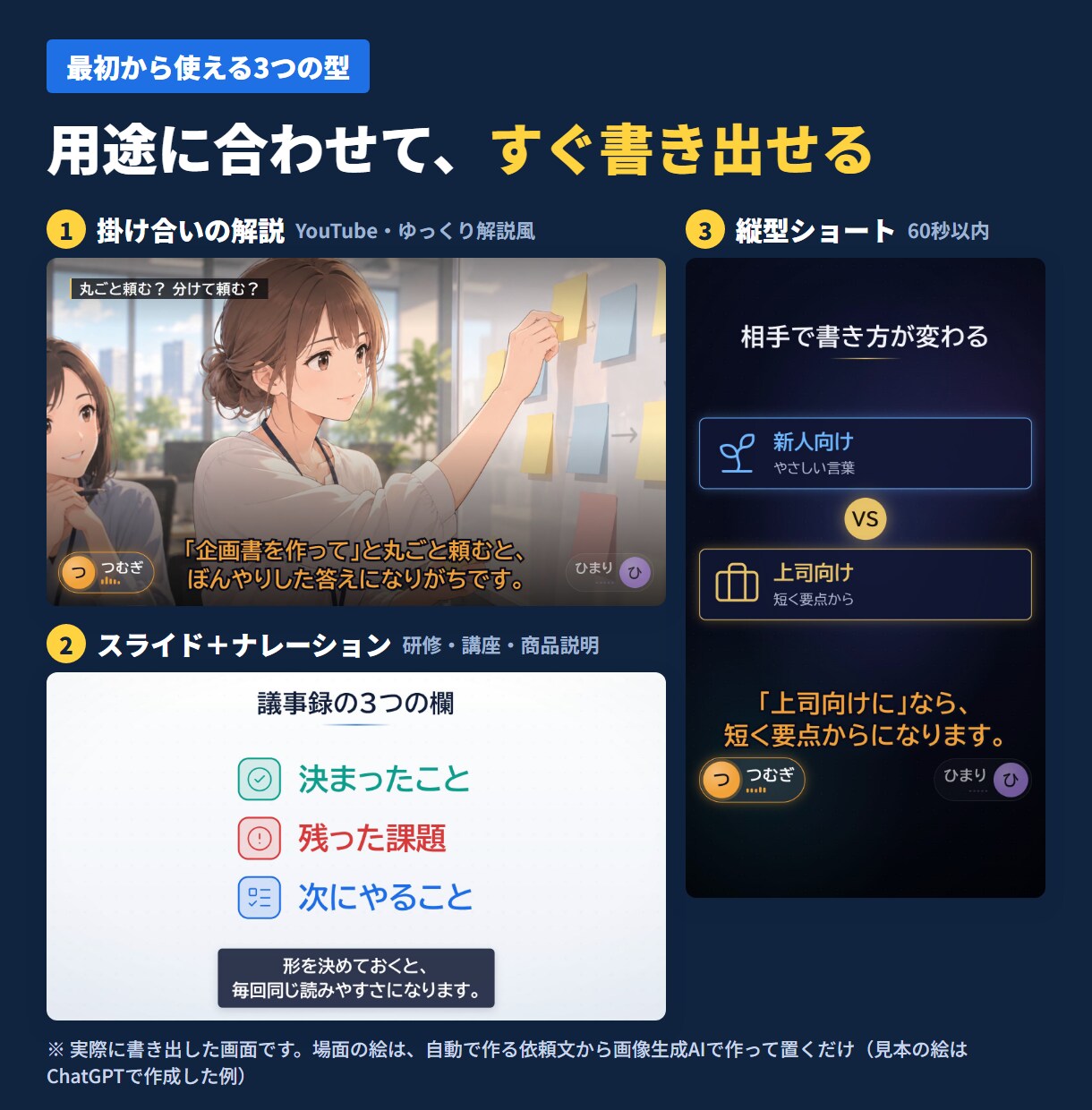 台本から解説動画を作り、言葉で直せる環境を作ります 声・字幕・図解・サムネまで自動。言葉で直せます イメージ4