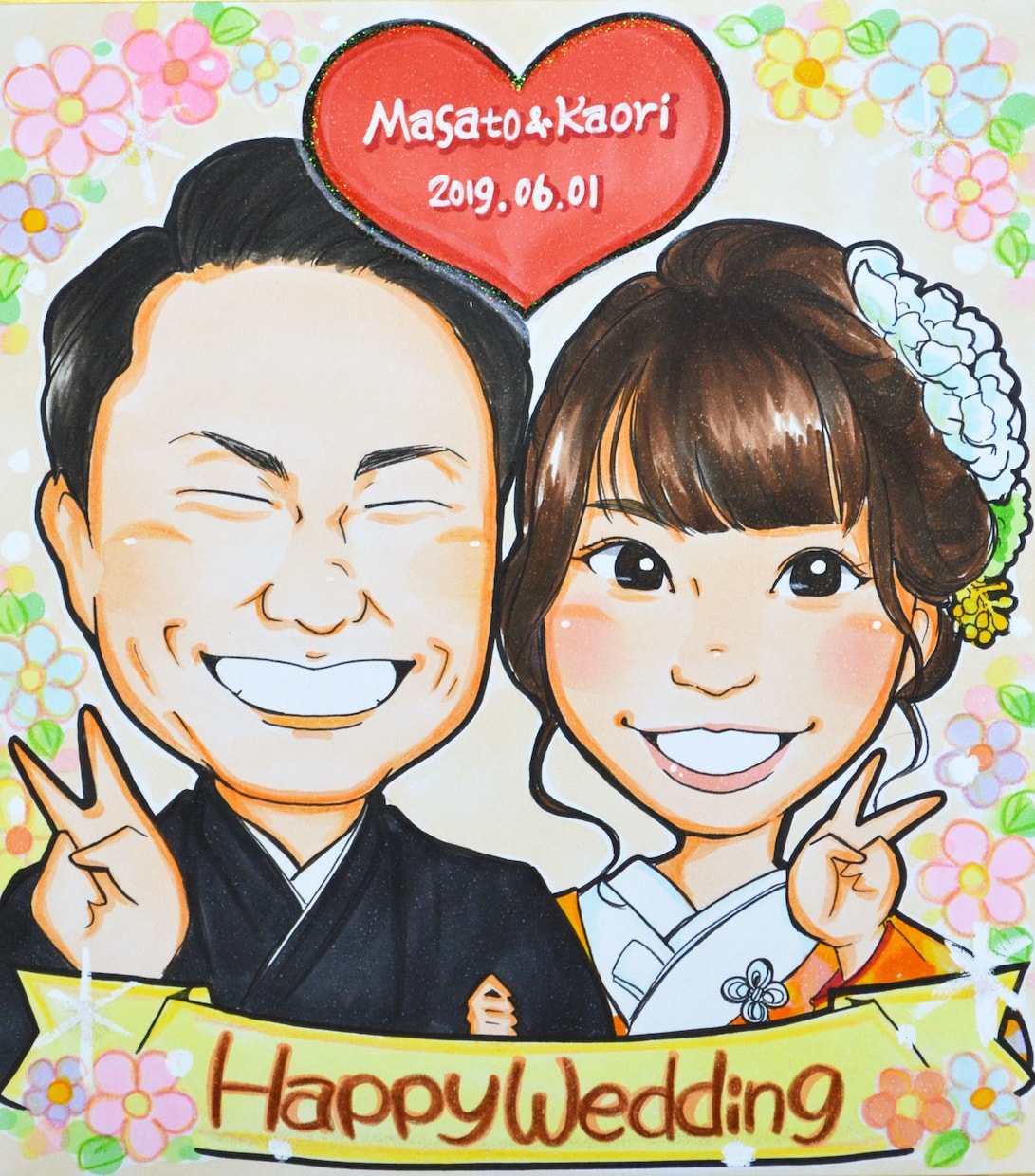 似顔絵★プロの似顔絵師が手描きで作成します 【送料無料】ウェルカムボードご結婚のプレゼントを探してる方へ イメージ2