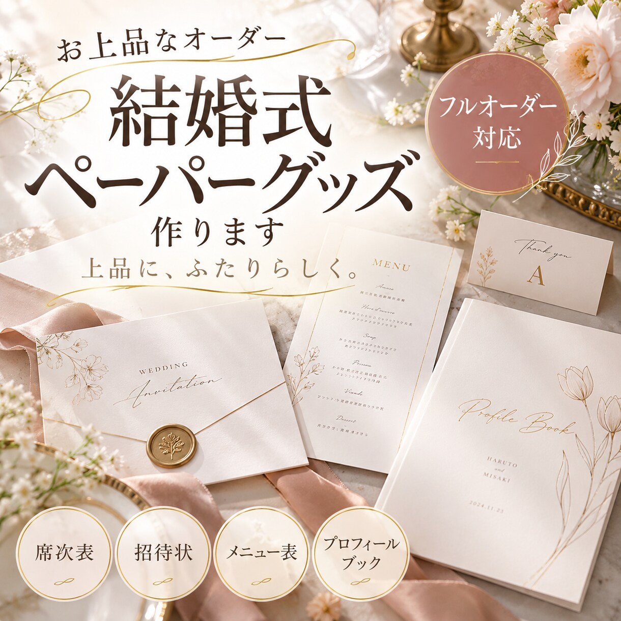 お上品なオーダー結婚式ペーパーグッズ作ります オリジナルがいいけどお金と時間が…という貴方にぴったり！ イメージ1