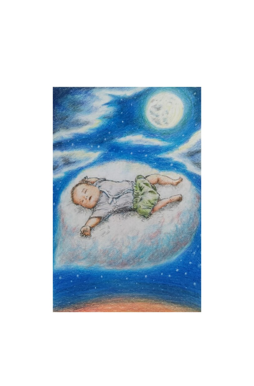 月と雲の幻想色鉛筆アート描きます 見る度に癒される優しい手描きの色鉛筆画です イメージ1