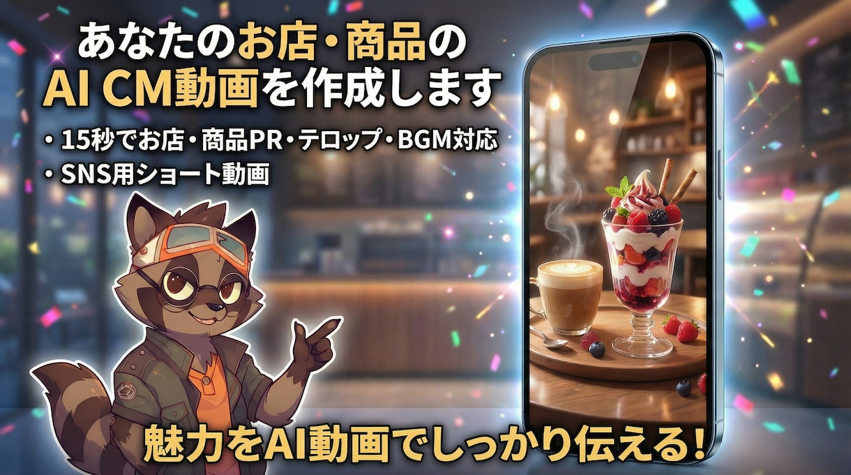 あなたのお店・商品のAI CM動画を作成します お店や商品の魅力を、目を引くAI動画で伝えます！ イメージ1