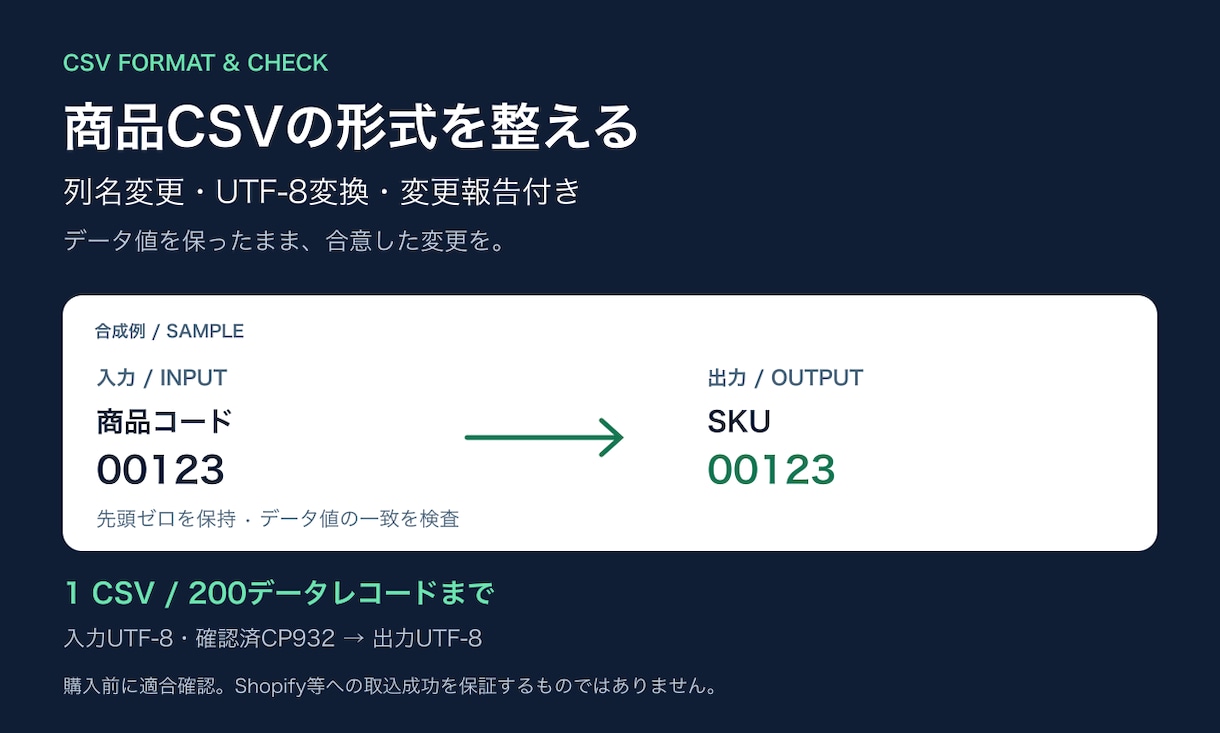 商品CSVの列名と文字コードを整えます データ値を保ち、変更内容と検査結果を納品 イメージ1
