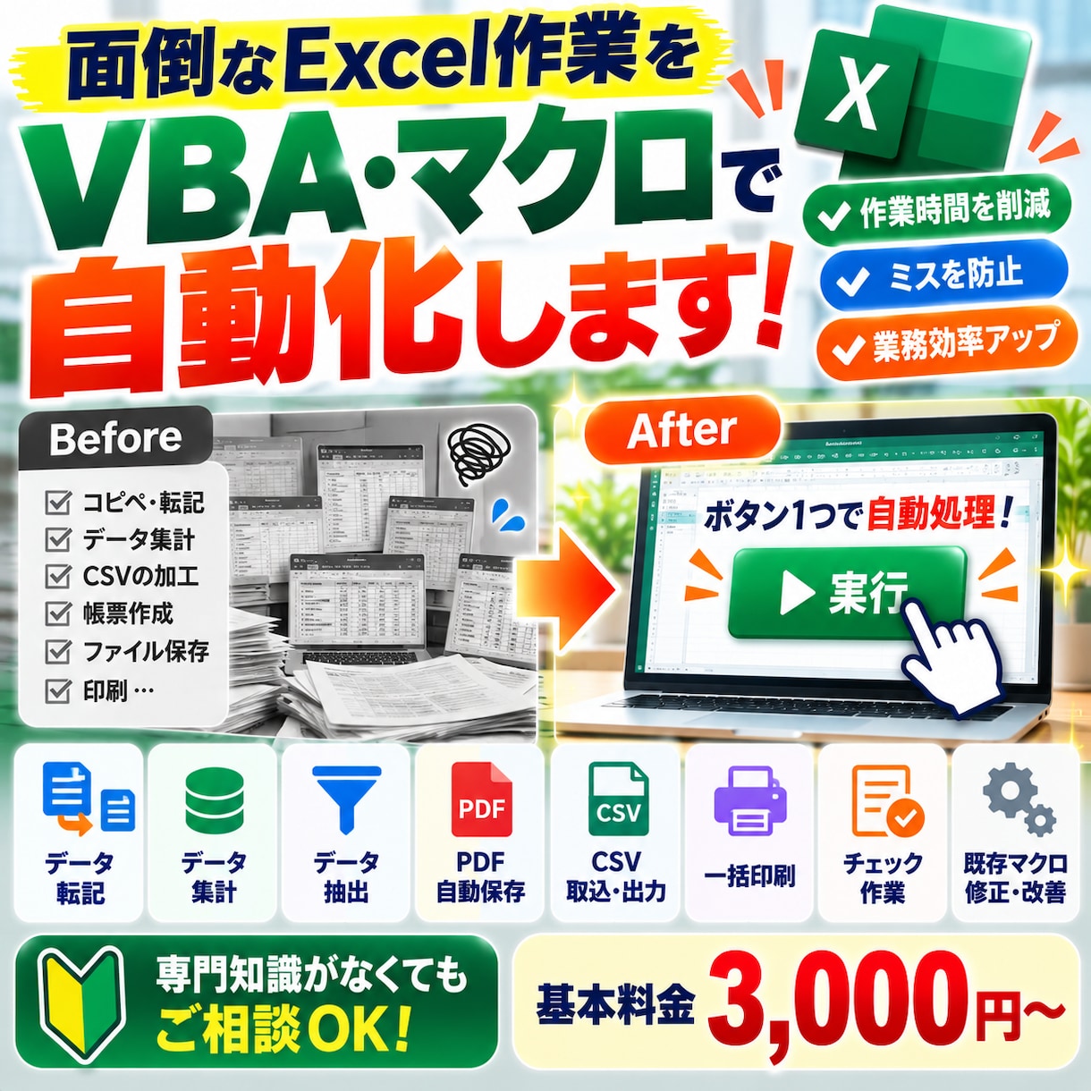 面倒なExcel作業をVBA・マクロで自動化します 毎日の転記・集計・保存作業をボタン1つでラクに！ イメージ1