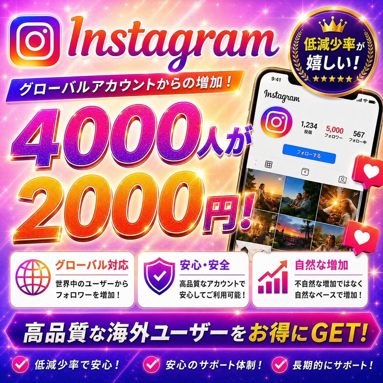 Instagramの外国人フォロワー増やします 15~25%の低減少率|高品質ユーザー|人数増加支援| イメージ2