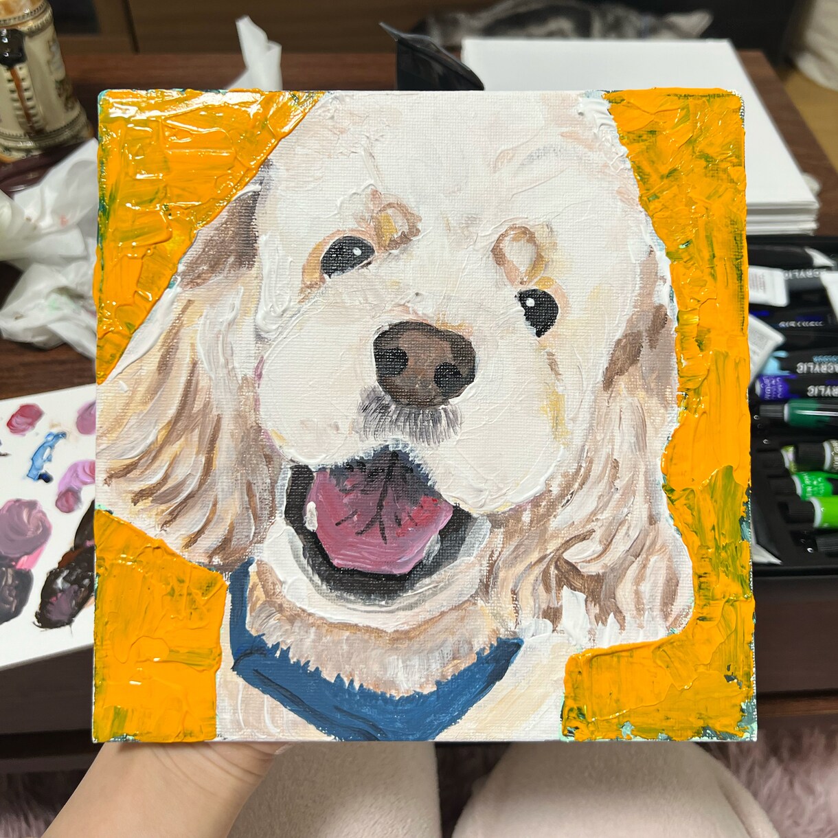 アクリル絵の具でペットイラストを描きます 20cm×20cmのスクエアキャンバスに描きます イメージ4