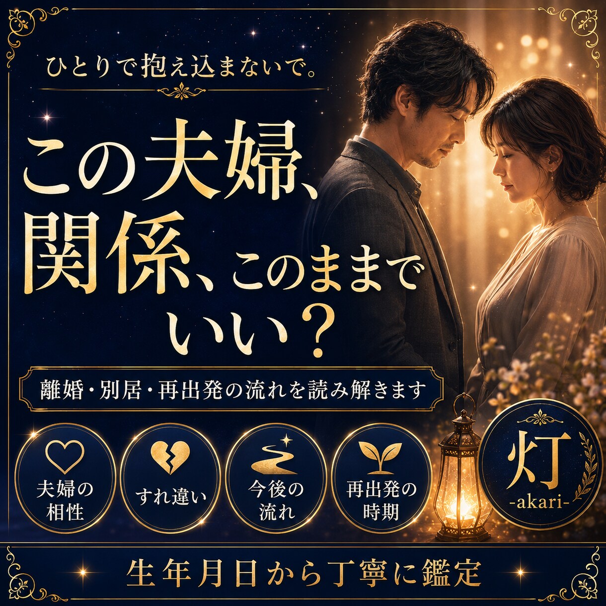 夫婦関係の迷いと今後の流れを読み解きます 離婚・別居・再出発の時期を丁寧に鑑定します。 イメージ1