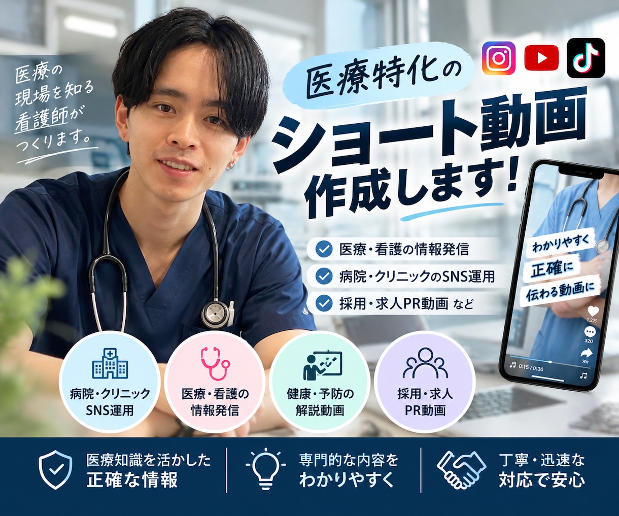 現役看護師が医療特化のショート動画を制作します 医療現場を知る看護師が、専門性と伝わりやすさを両立します イメージ1
