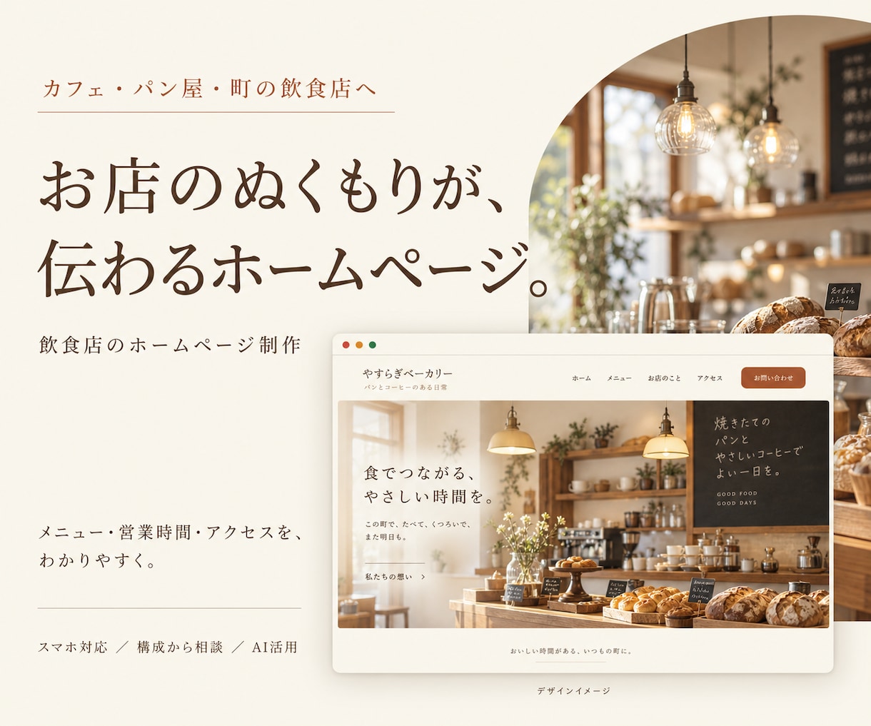 町の飲食店の魅力が伝わるホームページを作ります カフェ・パン屋・食堂へ。お店のぬくもりをやさしく届けるHP イメージ1