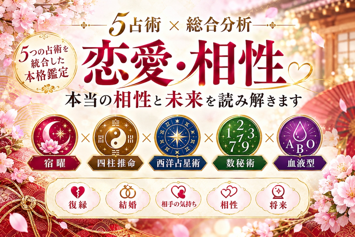 5 占術を統合◆ふたりの恋愛・相性を徹底鑑定します 5つの占術を重ね、ふたりの恋愛・相性を多角的に分析します。 イメージ1