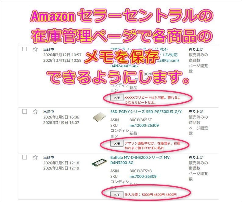 Amazonセラセンの在庫管理にメモ機能付けます アマゾンの在庫管理ページ上で商品毎のメモを入力・表示 イメージ1