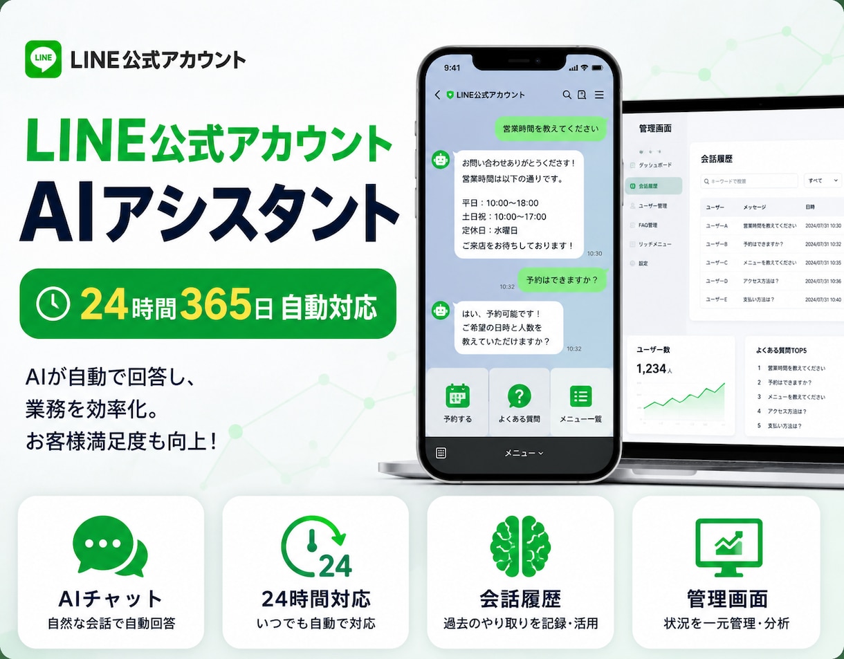 LINE公式×AI自動応答ボットを構築します 過去の会話を記憶して回答！24時間対応AI イメージ1