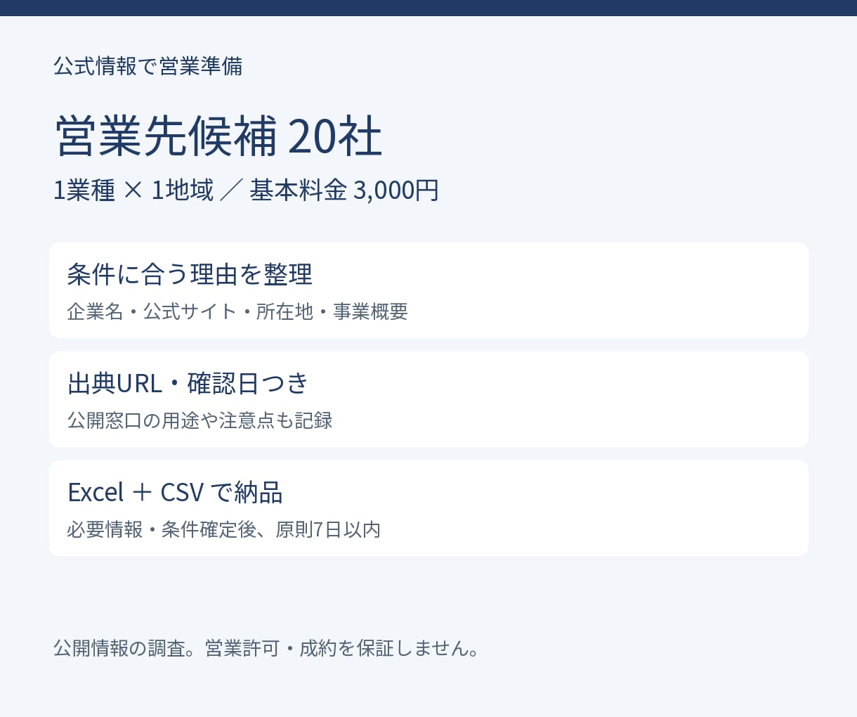 条件に合う営業先20社を公式情報で調べます 選定理由・出典・確認日つきの企業リスト イメージ1
