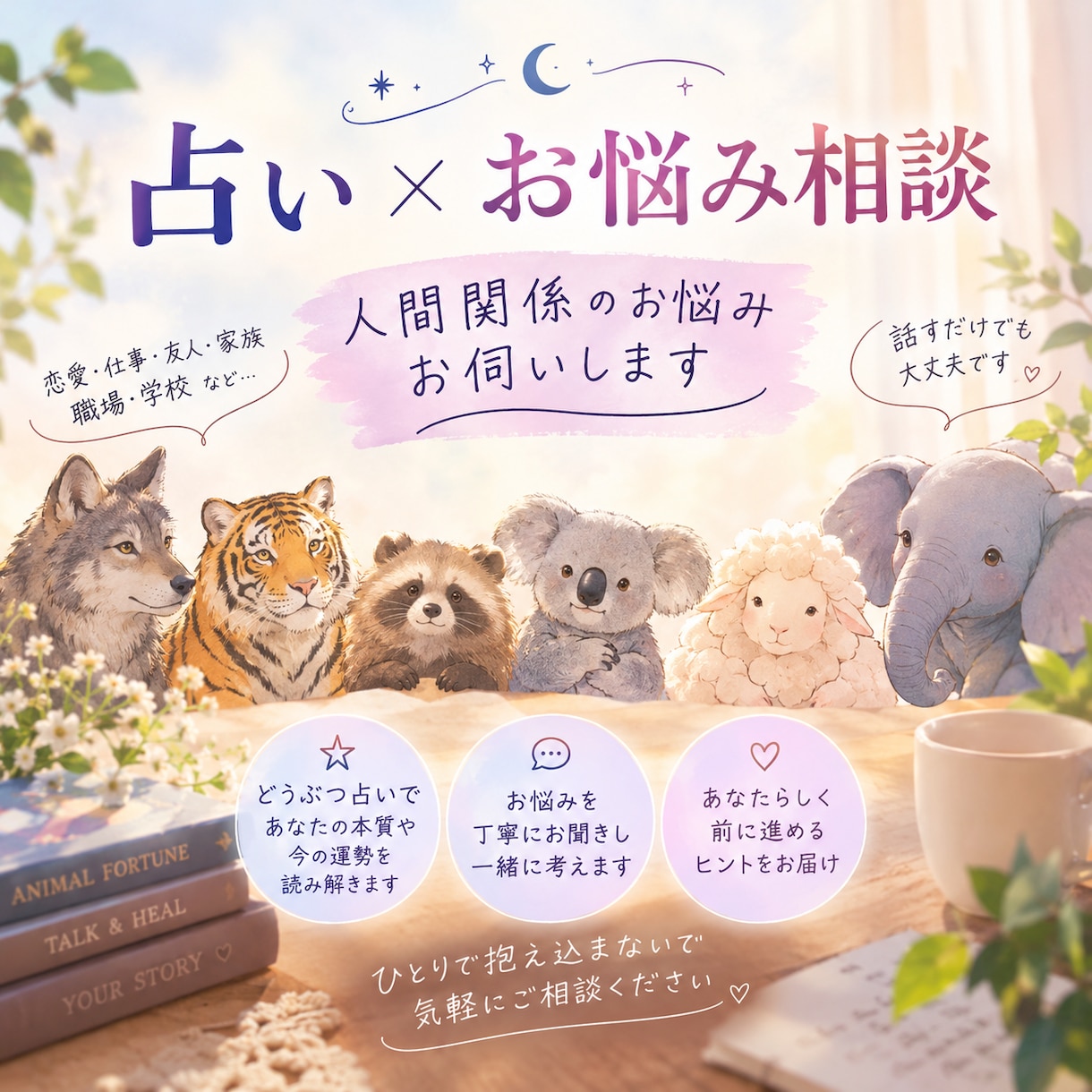 どうぶつ占いを元に人間関係のお悩みを聞きます 占いを用いて、人間関係のお悩みのご相談をお受けします。 イメージ1