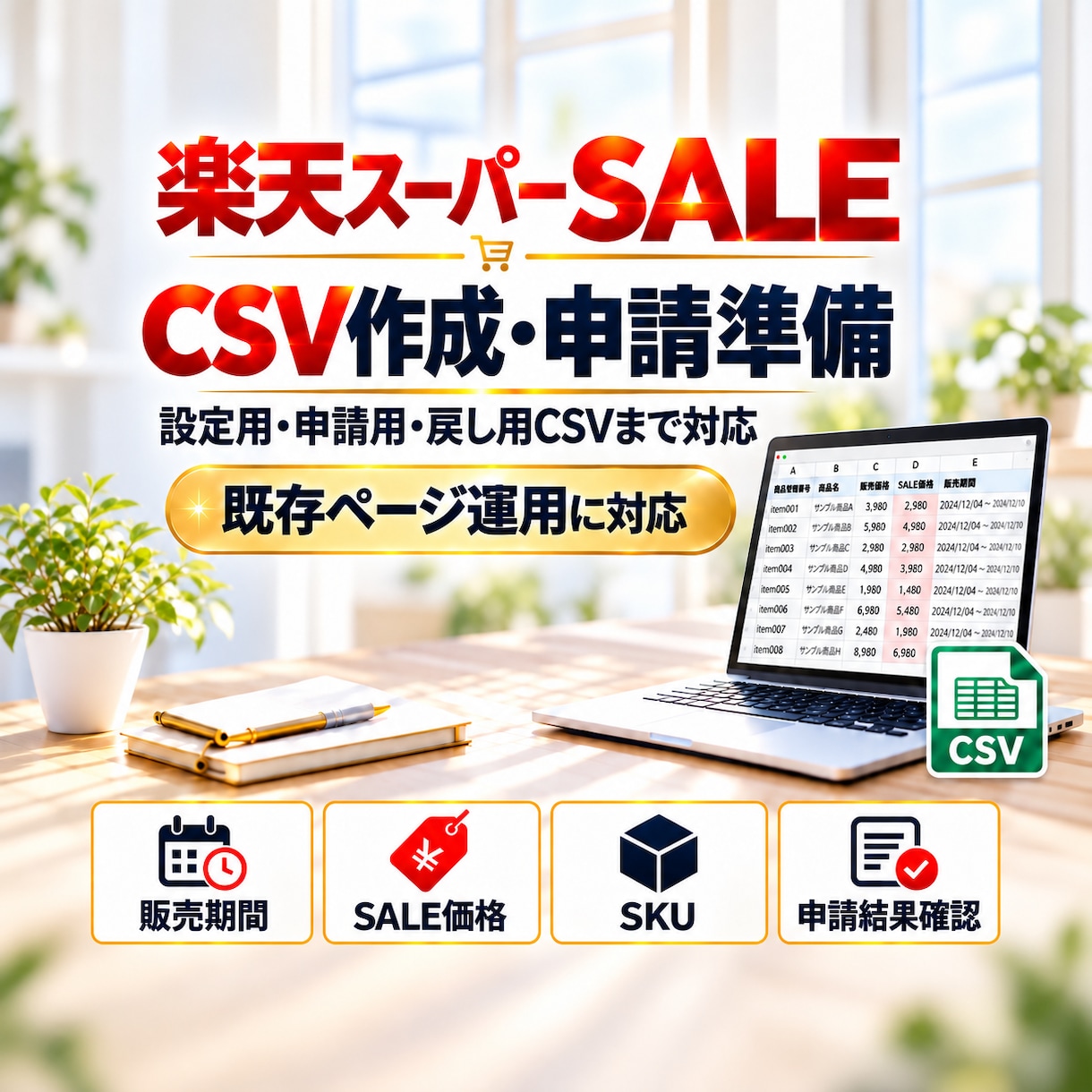 楽天スーパーSALEのCSV作成をお手伝いします SALE設定用・申請用・終了後の戻し用CSVまで対応します イメージ1