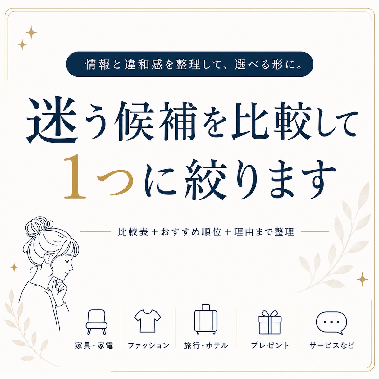迷う候補を比較して合う1つに絞りますます 家具・家電・服・旅行など、条件を整理して客観的に比較します イメージ1