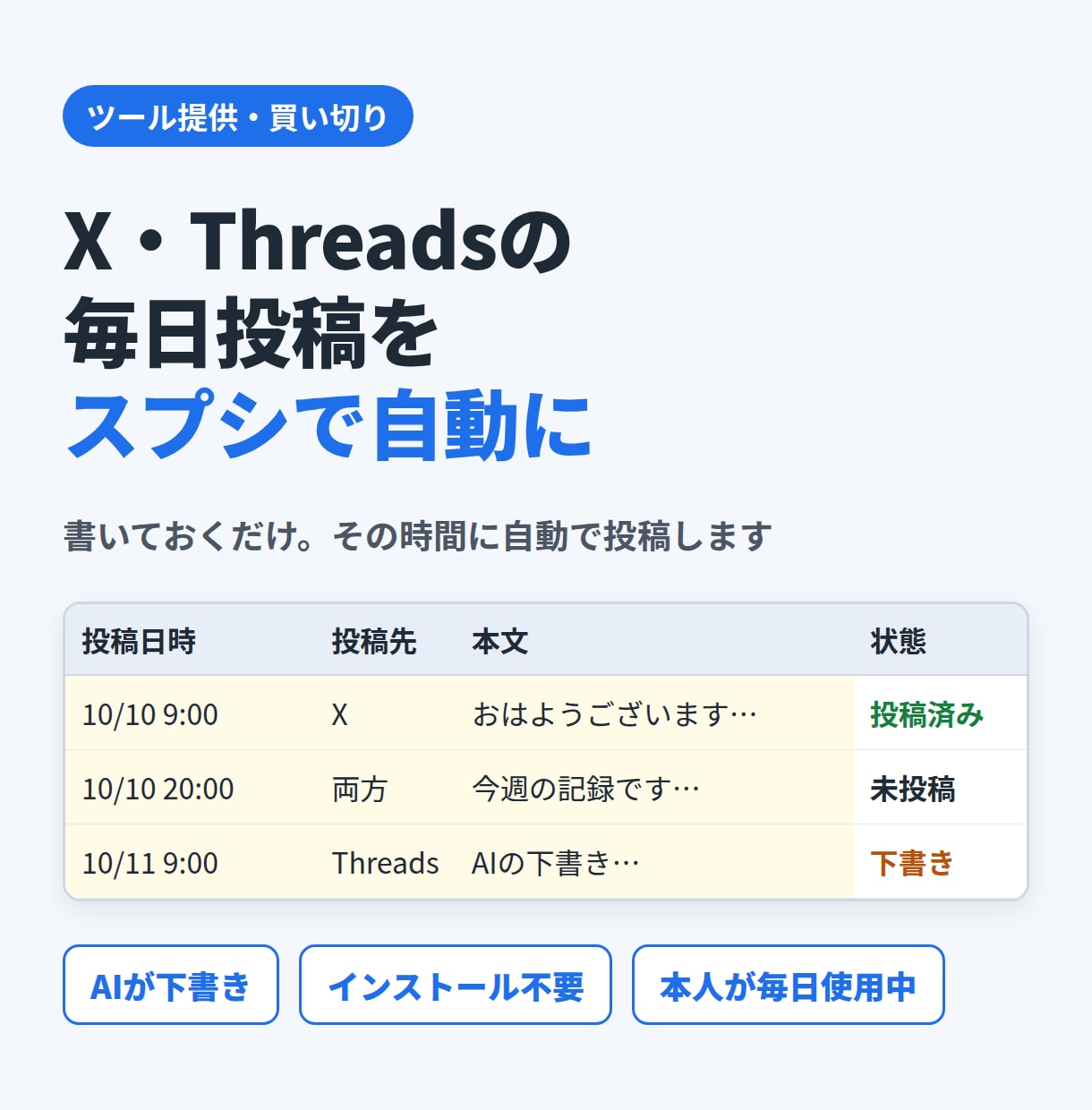 X・Threadsの自動投稿ツールを提供します AIが下書き、決めた時間に自動投稿。スプシで動きます イメージ1