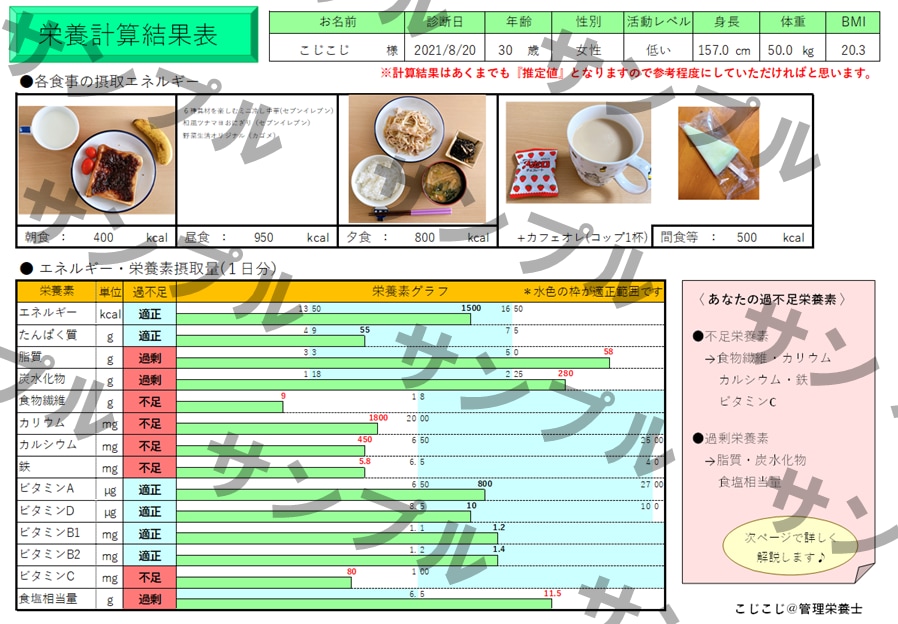 １日の栄養計算をしイラスト付き結果表をお渡しします 食のプロに気軽に相談してみませんか？ イメージ1