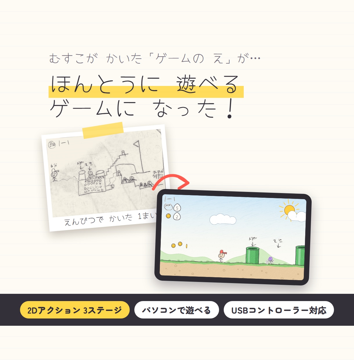子どもの絵で、本当に遊べるゲームを作ります お子さまの絵と手書き文字が、そのままゲームに イメージ1