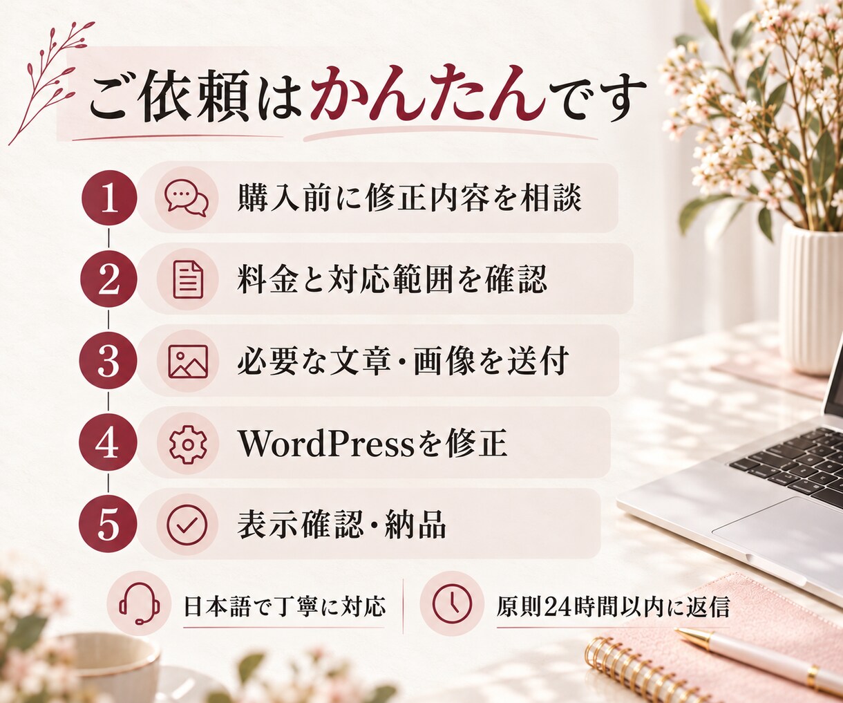 女性ひとり起業家のWordPressを修正します 文章・料金・写真の変更・更新を2か所まで丁寧に代行します イメージ3