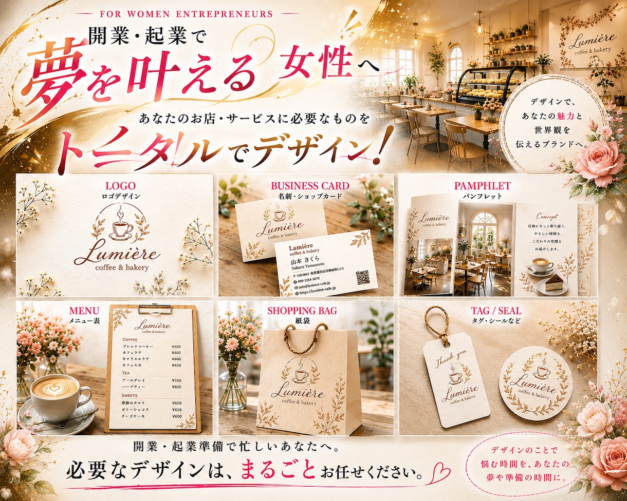 開業・起業女性向けのブランドデザインを制作します 開業準備で忙しい女性のために必要なデザインをまとめて制作 イメージ1