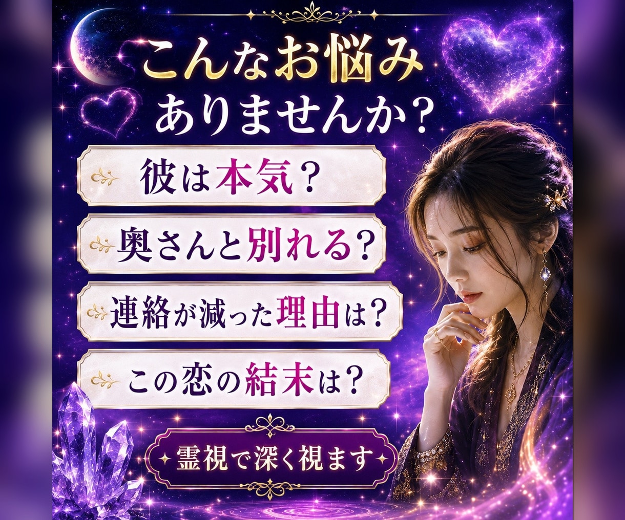 彼は本気？不倫の結末を霊視します 本命度・彼の本音・今後の流れまで視ます イメージ2