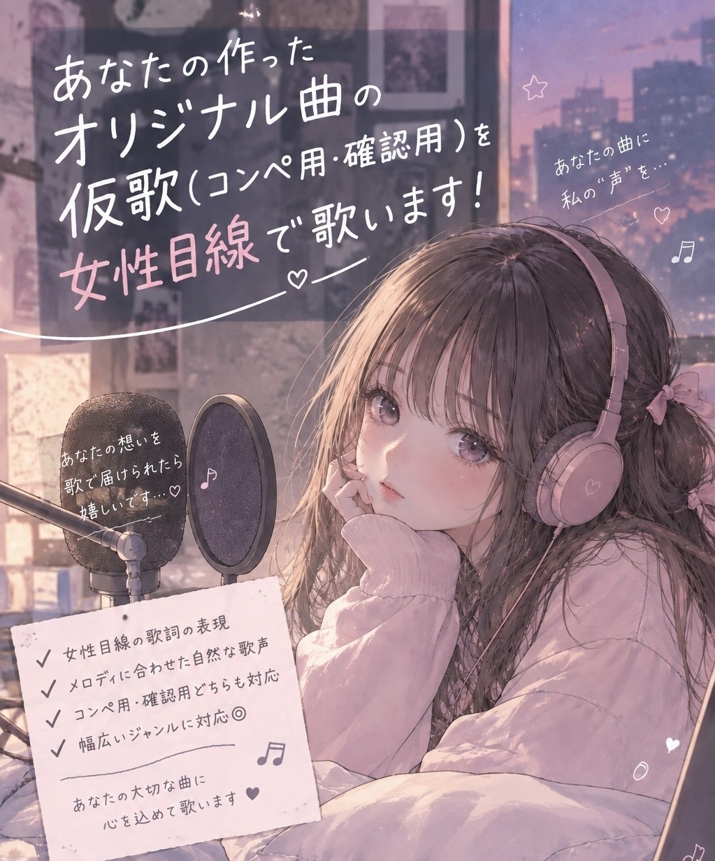 オリジナル曲の仮歌を女性目線で歌います あなたの曲を歌わせてください！ イメージ1