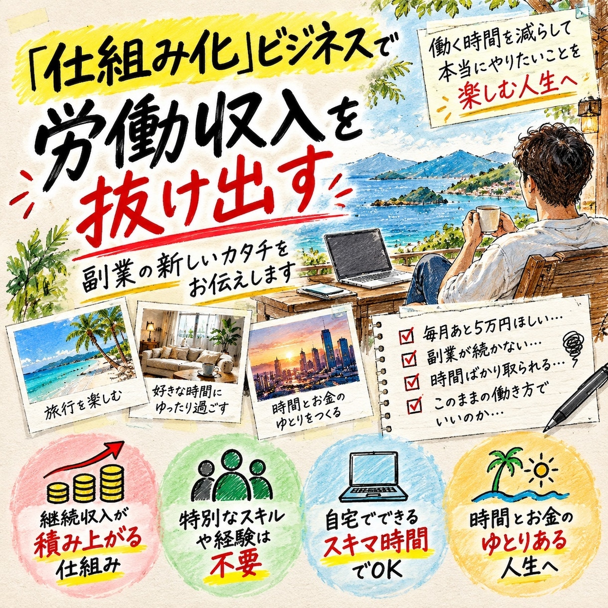 労働型だけではない副業・収入の仕組みを解説します 働いて収入を得る副業との違いを、分かりやすく解説します イメージ1