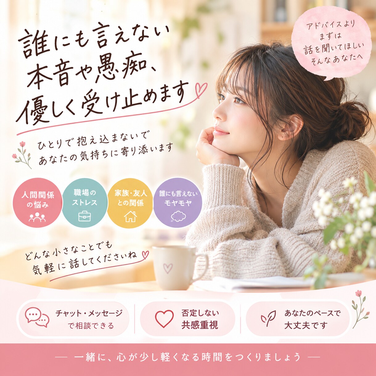 誰にも言えない本音、全部聞きます 否定せず、寄り添う話し相手に＊ イメージ1