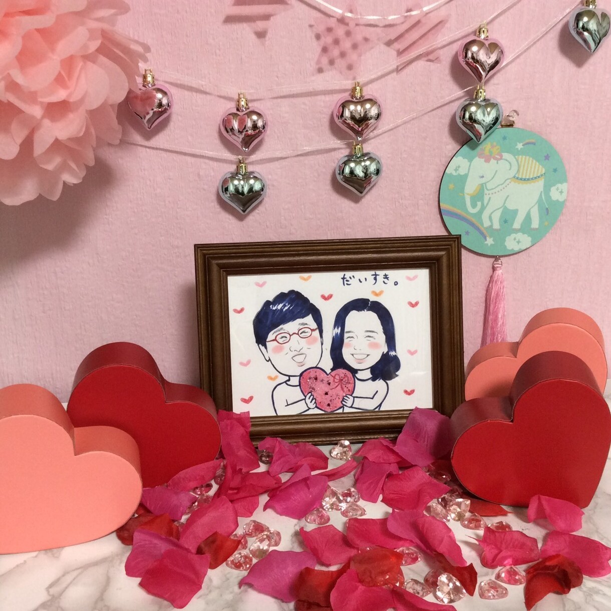 カップル向けシンプル可愛い似顔絵をお描きします キラキラハートの、少し小さめ2L判サイズのラブラブ似顔絵です イメージ3