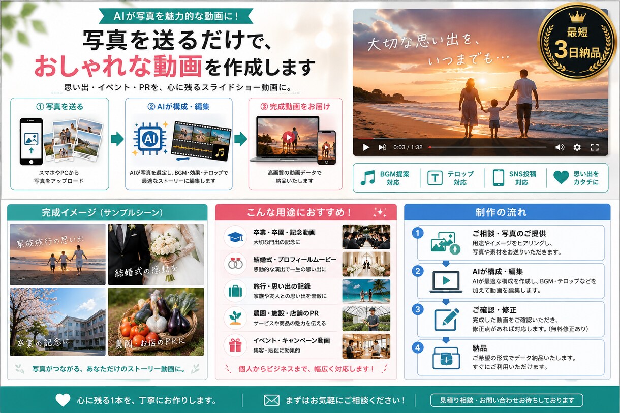 写真からスライドショー動画を制作します 写真を送るだけで動画が完成します イメージ1