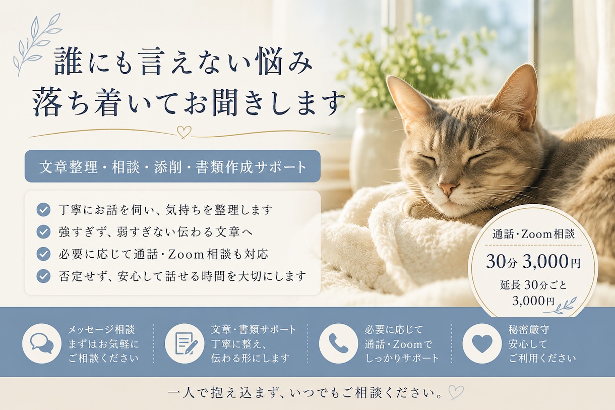 疲れた心に、静かに寄り添います 気持ちを整理し、心を少し軽くする対話を心がけます イメージ2